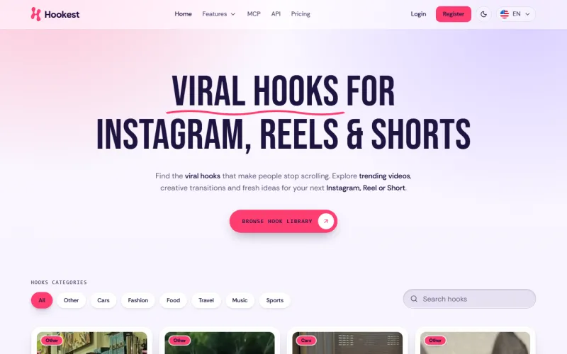 Hookest 官网：Viral Hooks for Instagram, TikTok & YouTube