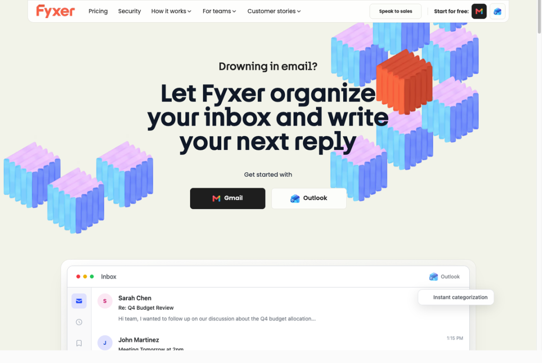 Fyxer 官网首页:点击 Gmail 或 Outlook 即可开始试用