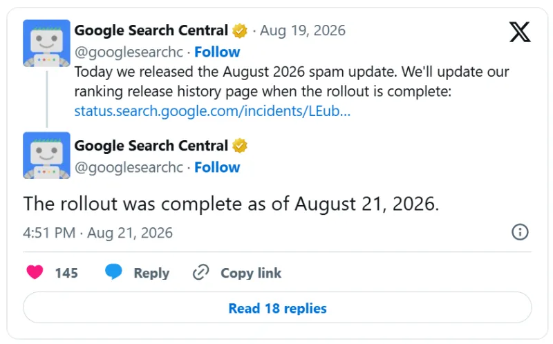 Google官方搜索状态页记录了8月更新